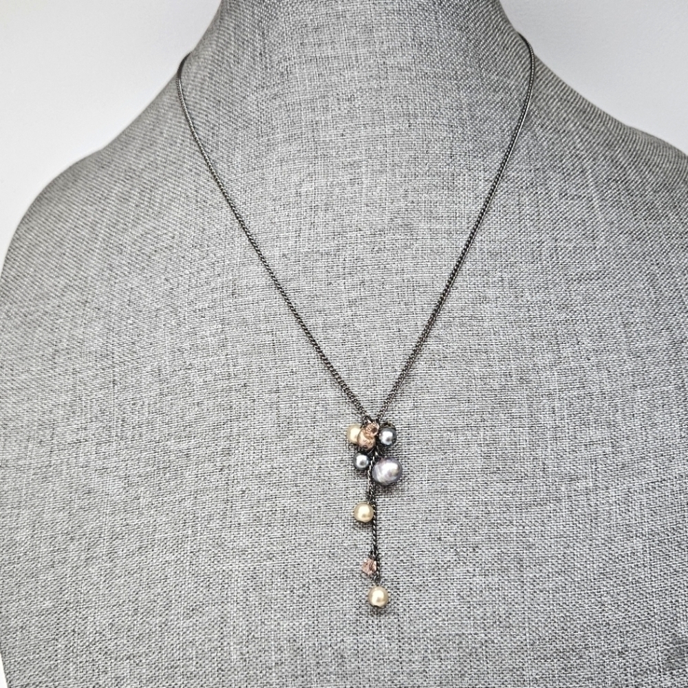 Coldwater Creek Pastel Faux Pearl Cluster Dainty Classic Gunmetal Necklace